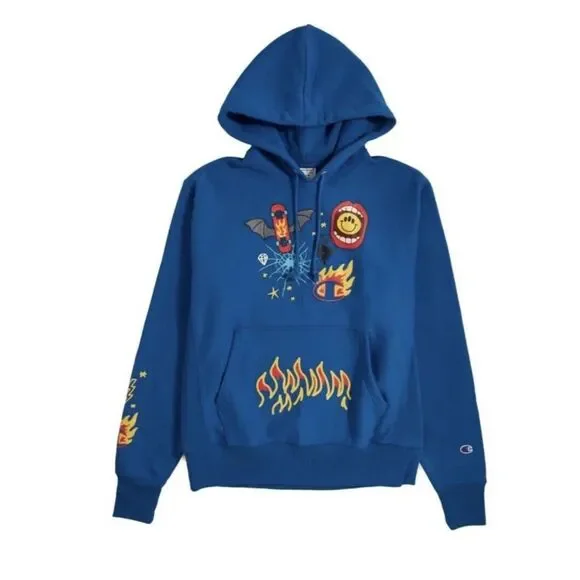 Champion Hoodie Men Sz L Sweatshirt Living in Blue Skateboard Flames NWT - Picture 1 of 11